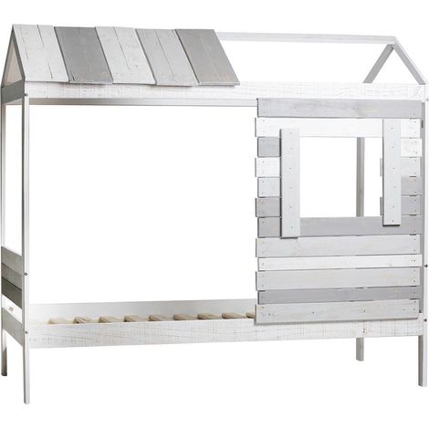 ROSALIA - Lit Cabane 90 x200 cm Bois Aspect Vieilli Blanc et Grisé