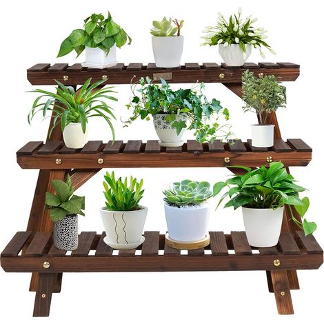COSTWAY 3tlg. Pflanzenregal Blumenregal Blumenstaender Holz, Blumentreppe Garten, Pflanzentreppe freistehend, Holzregal mehrstoeckig (1/5)