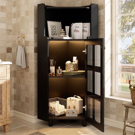 Armario de esquina con led inteligente - 63.5 x 124 cm para baño y salón - mueble esquinero moderno de mdf lacado - negro (1/5)