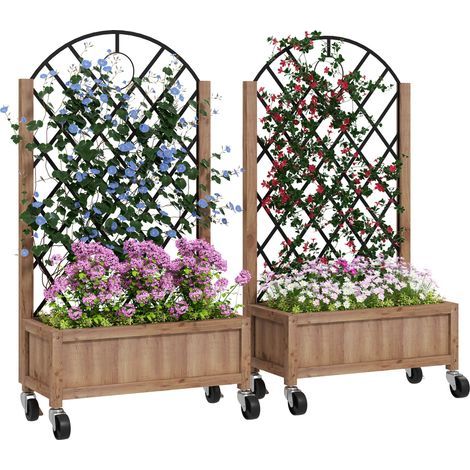 Lot de 2 bacs de jardin surélevés avec roues, treillis et pots/jardinières, bois, marron, 52x25x97cm