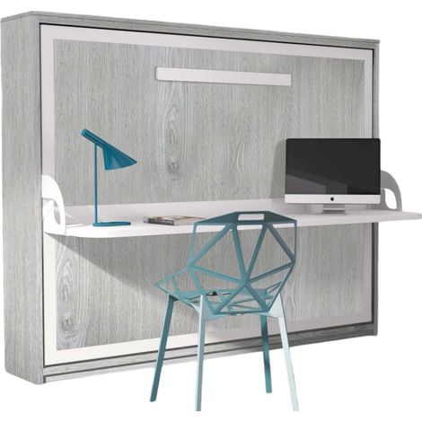 Lit escamotable avec bureau 140x190 chêne gris P 35 Kinoa (1/5)