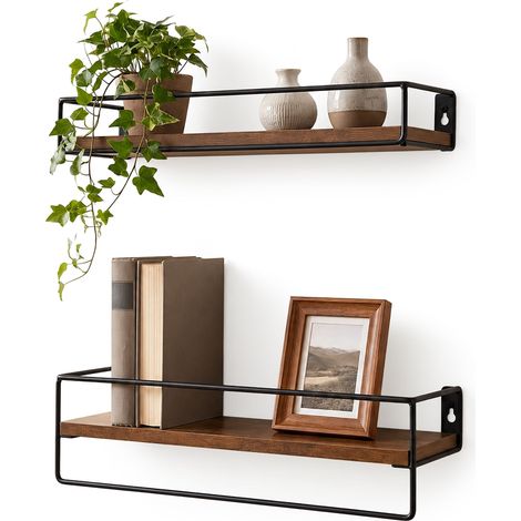 Relaxdays Wandregal 2er Set, BxT: 40 x 15,5 cm, Wandbrett mit Stange, MDF, Metall, Küche, Bad, Wohnzimmer, braun/schwarz (1/5)