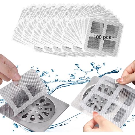 100 Pcs Autocollants Jetables pour Canalisations de Douche, Protection de Drain Filtre Evier, Attrape-Cheveux, Filtre Cheveux Autocollants en Maille, pour Salle de Bain, Baignoire, Cuisine (1/5)