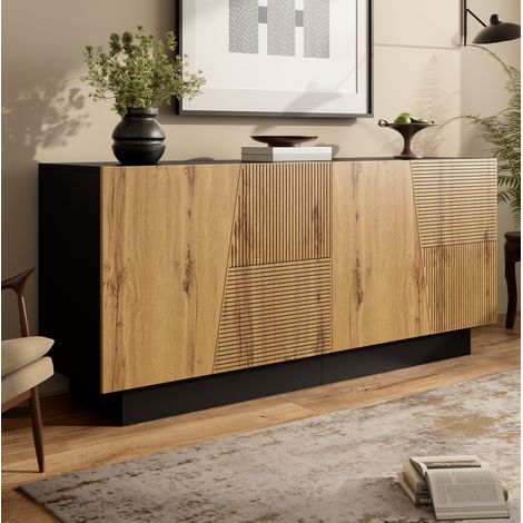 Aparador 160x45x72 cm con 4 puertas, espacio de almacenamiento con estante ajustable, para salón o comedor, natural y negro (1/5)