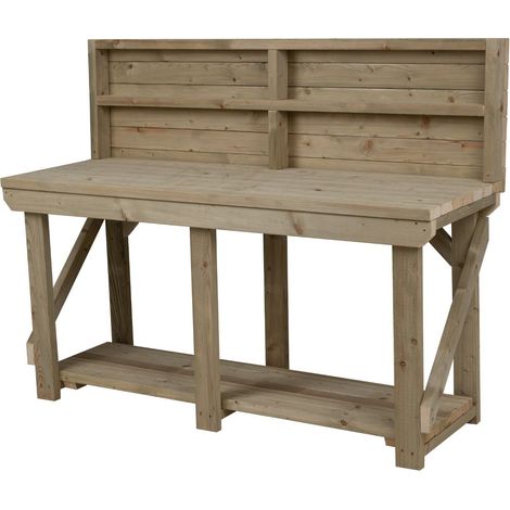 Indoor/outdoor workbench pressure treated station (H-90cm, D-64cm, L-240cm) with back panel