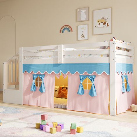 Halbhohes Kinderbett 90 x 200 cm aus Holz und MDF mit Vorhängen und LED (1/5)