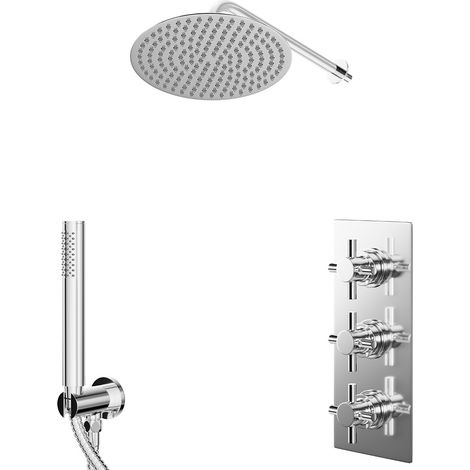 Cross Polished Chrome Concealed Triple Thermostatic Shower Valve and 300mm Round Head with 345mm Wall Arm and Outlet Holder with Kit - 2 Outlet (1/5)
