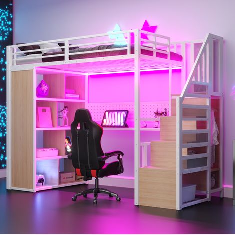 MEUBLIV Lit mezzanine 90 x 200 lit enfant avec bureau,rangement ouverts,panneau perforé, éclairage LED étagères (1/5)