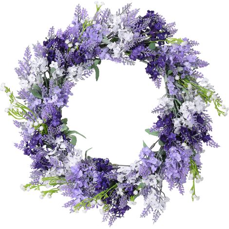 Guirnalda de flores artificiales de lavanda, hecha de ratán y poliéster, multicolor, 40 cm, para bodas, primavera, interiores y exteriores, para la puerta principal. (1/5)