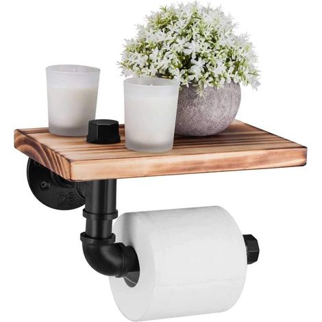 [NIEMALS VERWENDET] Industriestil Toilettenpapierhalter Wandmontierter Küchenrollenhalter mit Holzregal Toilettenpapier Halterung für Küche und Badzimmer