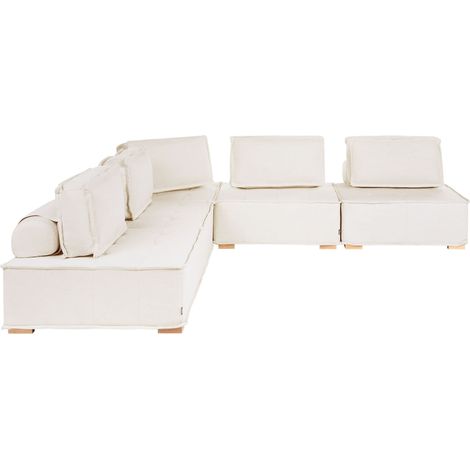 Canapé d'Angle à Gauche Modulaire Moderne 5 Places en Tissu Hydrofuge Pieds en Bois Forme en L Meuble Salon Blanc Cassé Tibro (1/5)