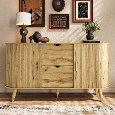 Pour Salon Entrée et Séjour Buffet 140cm Meuble de Rangement avec Coins Arrondis et Pieds en Bois Massif (1/5)