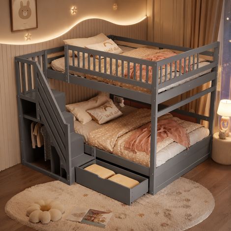 Lit superposé 140x200cm-escalier avec rangements-tiroir Lit enfant avec garde corps hauts-sommiers à lattes-sans matelas-Bois-Gris (1/5)