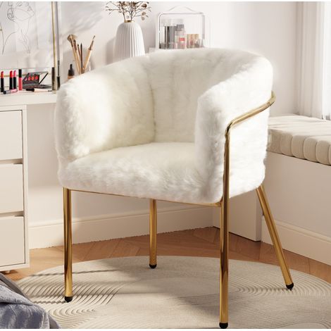 Loungesessel weiß aus Kunstfell mit Metallbeinen, leichtes Design,57×57×77cm (1/5)