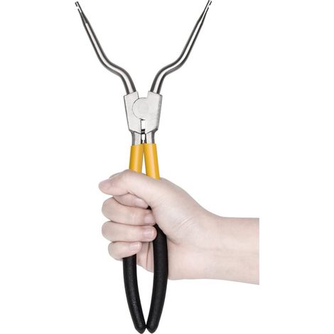 28 cm (11 Zoll) lange Sprengringzange mit gelb-schwarzem Griff, kunststoffbeschichteten geraden und abgewinkelten Köpfen zur Demontage von Waschmaschinen – manuelles Werkzeug (1/4)