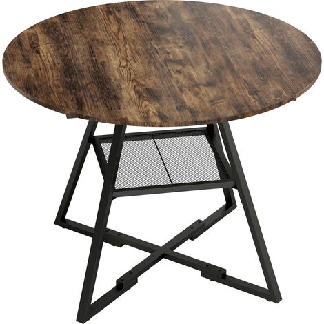 Table ronde repas 4 personnes Ø 100 x 76 cm, table de cuisine avec grand plateau et étagère, teinte brun rustique (1/5)