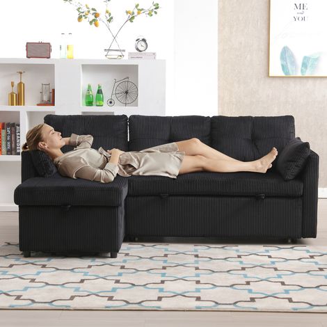 Schlafsofa aus Cord schwarz 206 x 108 x 66 cm mit Stauraum und wechselbarer Chaiselongue (1/5)