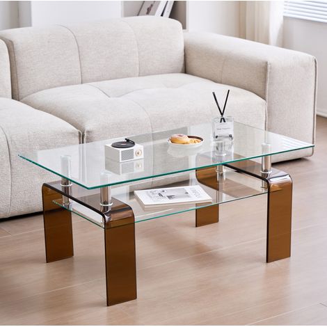 Table basse en verre trempé transparent 100 cm avec structure en métal et double plateau (1/5)