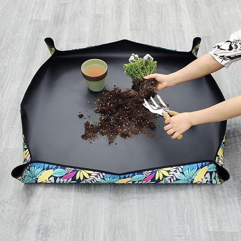Tapis de rempotage pour transplanter des plantes et éviter la saleté causée par le terreau, imperméable, pliable, portable, en tissu Oxford, 75 x 100 cm (1/5)