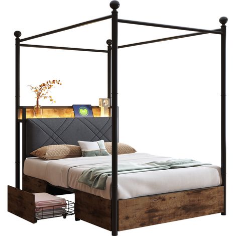 Lit multifonctionnel 90 x 190, avec espace de rangement et baldaquin en fer forgé, montants de lit amovibles avec LED et ports de charge USB-/Type-C, ainsi que deux tiroirs, lit simple en fer, lit pou (1/5)