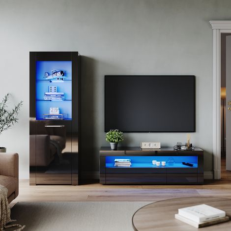 ELEGANT Living Room Set 1200mm TV Stand Display Cabinet Sideboard with RGB LED Lights Black Gloss Storage Unit Style 2