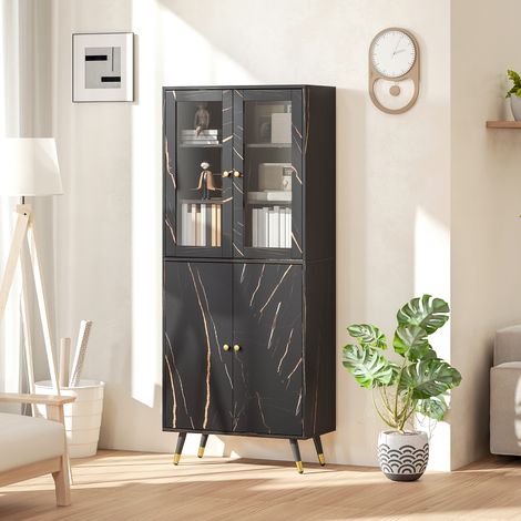 Bibliothèque à 6 niveaux, meuble de rangement avec 6 étagères ouvertes, porte vitrée et placard, 70 x 35 x 170 cm, noir (1/5)
