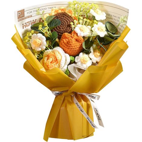 Bouquet tricoté à la main, bouquet crocheté, fleurs artificielles, tournesol tricoté, rose, marguerite, produit fini, bénédiction éternelle, jaune-AquaForge (1/5)