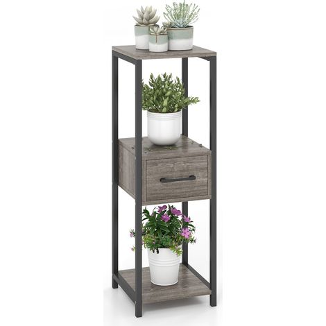 3 Tier Tall Metal Plant Stand Indoor Plant Table Display Shelf w/ Drawer