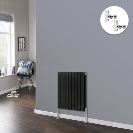 Flat Panel Design Radiator Bathroom Central Heating Radiators Black with Angled Manual Pair of Valves 600 x 612mm Horizontal Double (1/2)