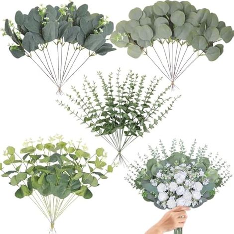 Lot de 60 tiges d'eucalyptus artificielles en vrac, 4 types mélangés, feuilles d'eucalyptus argentées artificielles pour vase de mariage, bouquet floral, centre de table, décoration (1/5)