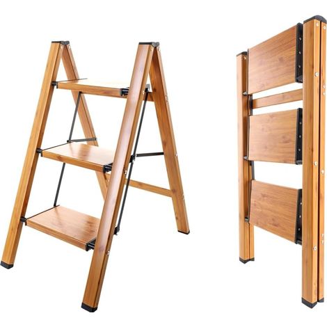 Escabeau pliant à 3 marches portable léger en aluminium avec larges marches antidérapantes Capacité de 150 kg pour la maison, la cuisine, le jardin, le bureau – Noir + couleur grain de bois (1/5)