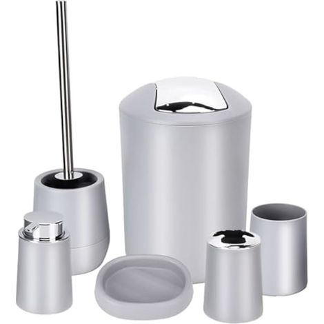 Ensemble d'accessoires de salle de bain gris 6 pièces comprenant une poubelle, une brosse WC, un porte-brosse à dents, un savon liquide, un distributeur de savon, un porte-savon et un gobelet. Matéria (1/5)