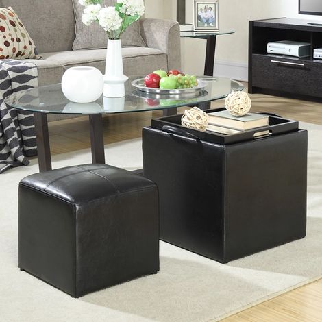 Set 2 Pouf Poggiapiedi in Ecopelle Nero Coperchio 2 in 1 Sgabello con Scomparto (1/5)
