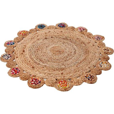Tapis rond ethnique en jute et coton multicolore (1/4)