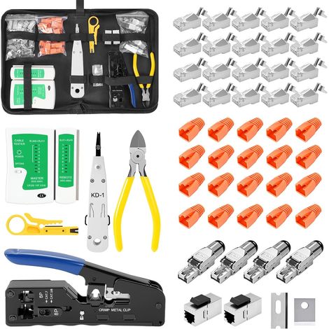 Network d’installation Kits, Pince à Sertir RJ45 avec 20 Connecteurs, 4 Connecteur réseau Cat7, outil de raccordement LSA, Testeur de réseau, outils de réparation RJ45/RJ11/RJ12 (1/5)