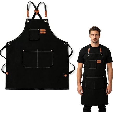 Tablier en Toile Polyester Noir avec 3 Poches, Tablier Jardinier, Bretelles Croisées Ajustables, pour le Travail, le Bricolage et le Jardinage (1/5)