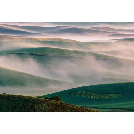 Papier peint panoramique paysage pour chambre | Tapisserie panoramique verte et grise nature | Papier peint panoramique collines et brouillard  - 384 X 260 cm (8 pièces) (1/2)