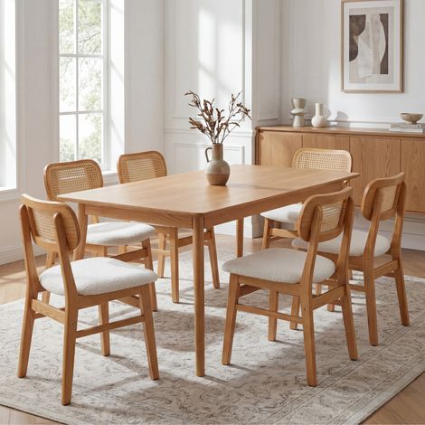 Wahson Lot de 6 chaises salle à manger en rotin – Coussin doux en fausse fourrure – Cadre en bois massif – Dossier élégant – Beige (1/4)