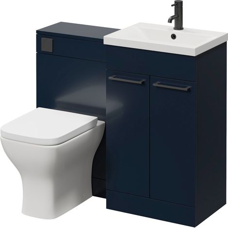 Napoli 390 Deep Blue 1000mm 2 Door Vanity Unit Toilet Suite with Glide Basin - 1000mm - Matt Black 160mm HandleWith Kingston Toilet Pan and Seat