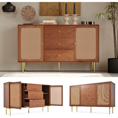 Commode Noyer 150 cm Buffet Salon avec 2 Portes en Rotin et 3 Tiroirs, Meuble de Rangement Style Vintage avec Étagère Réglable (1/5)