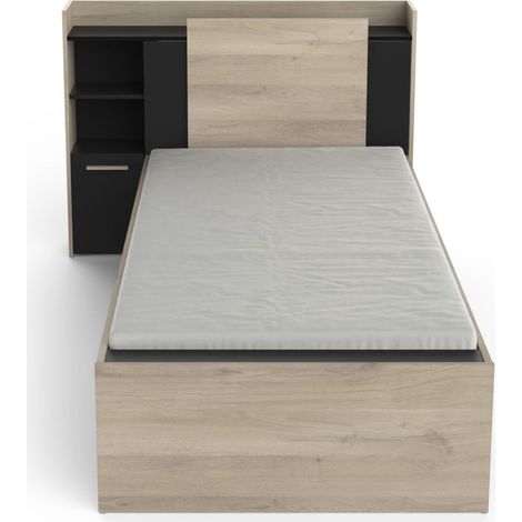 Lit 90x190/200 avec Rangement 1 Porte 3 Niches 1 tiroir Noir Mat (1/5)
