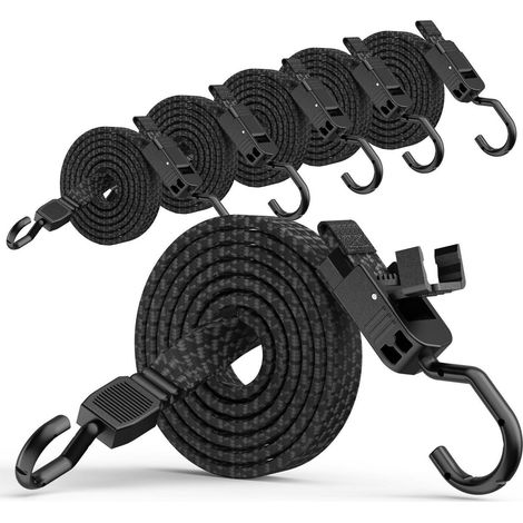 Verstellbare Spanngummis mit Haken, 6er Set, 120cm, Flach, Schwarz (1/5)