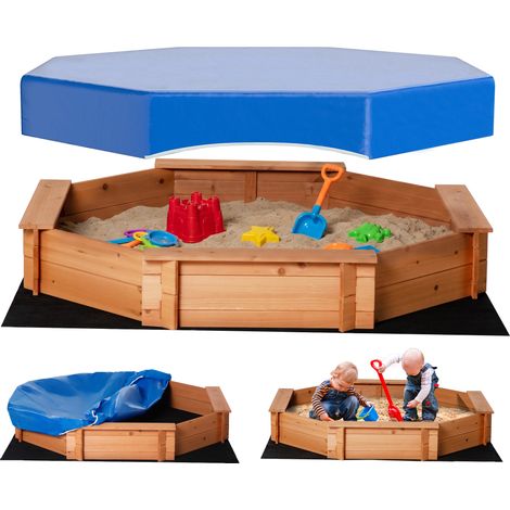 Bac à sable en bois pour enfants de 3 à 8 ans avec housse en polyester pour terrasse et jardin, 139,5 x 139,5 x 21,5 cm, rouge et bleu (1/5)