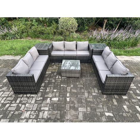 Fimous 9 Seater Rattan Garden Furniture Set Patio Outdoor Lounge Sofa Set with 2 Side Tables Square Coffee Table Dark Grey Mixed (1/5)