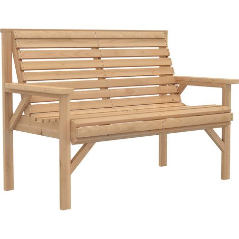 Banc de jardin en bois à deux places. Banc à lattes, accoudoir et dossier. Mobilier d’extérieur pour balcon. Terrasse. Jardin