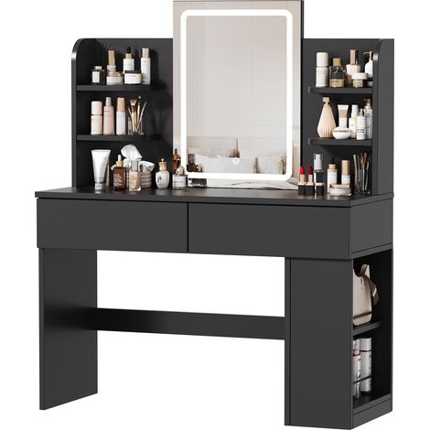 Coiffeuse avec Miroir LED et Lumière Réglable, Table de Maquillage Moderne avec Rangement Maximisé - 4 Étagères, 2 Tiroirs + Compartiment Latéral, Dimensions 108x40x136 cm pour Chambre (Noir) (1/5)