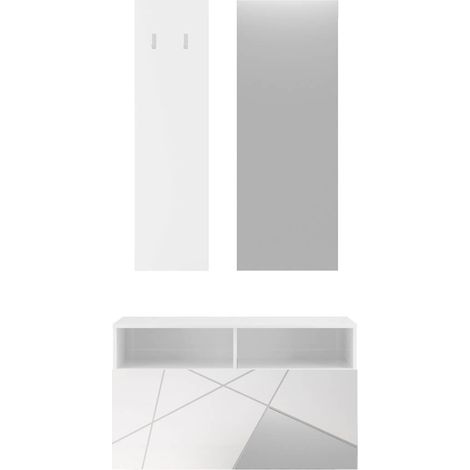 ORIANA - Meuble à chaussures + miroir + portemanteau muraux Blanc Laqué et Miroirs (1/4)