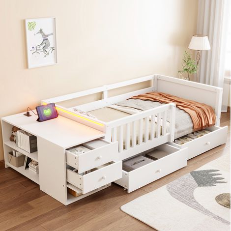 Lit mezzanine enfant 90 x 200 cm avec rangement, bureau, prise et LED, blanc (1/5)