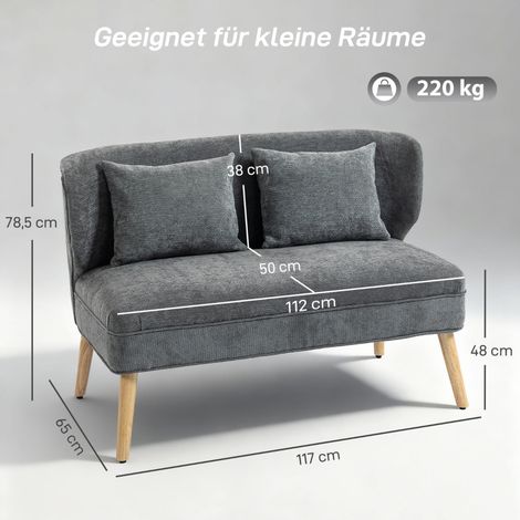 Canapé 2 places gris, petit sofa en tissu chenille à dossier papillon, assise confortable, piètement en bois d'hévéa, idéal petit salon. (1/5)