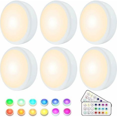 Lampe de Placard, Lampe LED Veilleuse RGB 16 Couleurs Sans Fil, éclairage d'escalier et de jeu à LED, avec 2 Télécommandes et Fonction de synchronisation, Paquet de 6 (1/5)